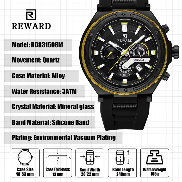 ساعت مچی مردانه ریوارد بند سیلیکونی REWARD 831508 ساعت اورجینال ضدآب