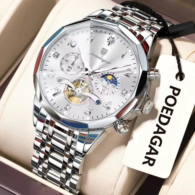 ساعت مچی مردانه پوداگار مدل Poedagar 939 اورجینال | بند استیل | ضدآب | سه موتور فعال