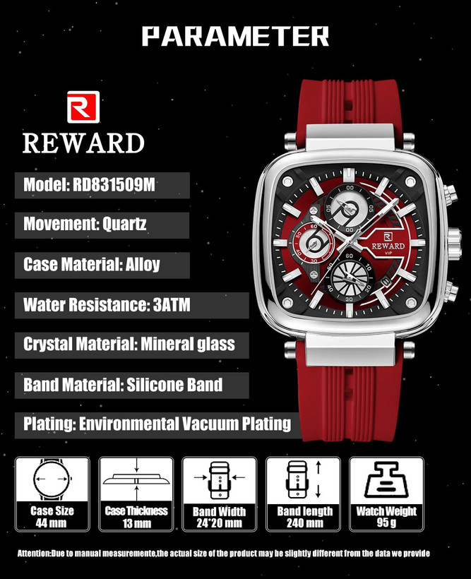 ساعت مچی مردانه ریوارد مدل REWARD vip 831509 اورجینال | بند سیلیکونی | ضدآب | سه موتور فعال